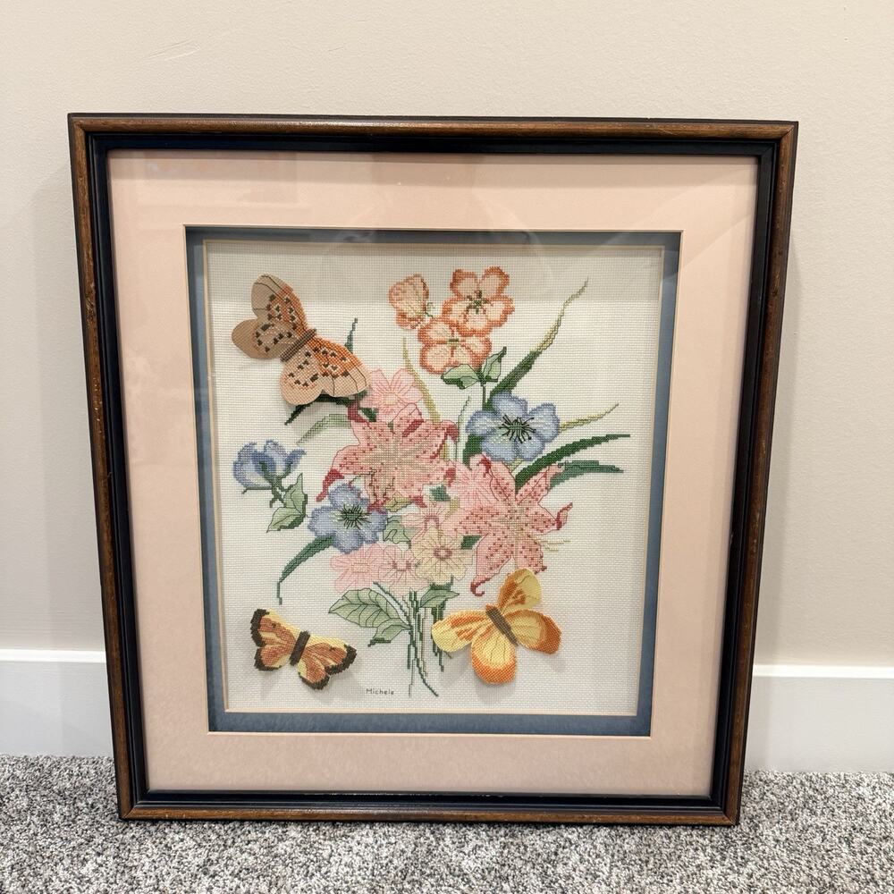 Wood Framed Matted 3D Butterfly & Flowers Shadow Box MCM 18x20 Beautiful